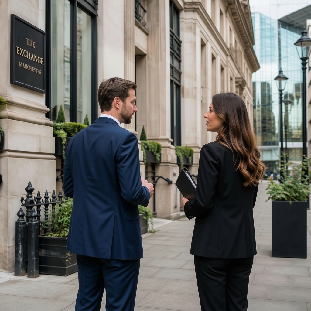 Decello adviser meeting a client outside The Exchange, Manchester